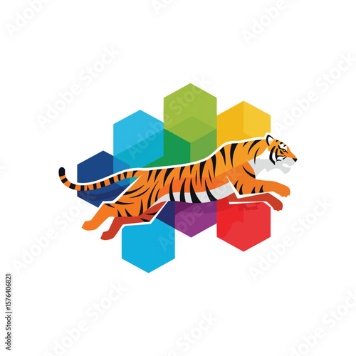 Dynamic Tiger Leap on Colorful Hexagons. Fierce feline jumps over a vibrant array of interconnected geometric shapes. Represents strength, agility, and modern progression.