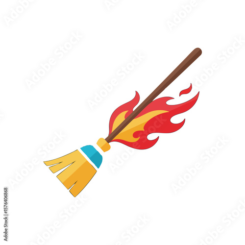 Dynamic Fiery Broom Illustration. Vivid depiction of a bewitched broomstick ablaze with vibrant flames. This captivating artwork evokes themes of enchantment, swiftness, and mystical energy.
