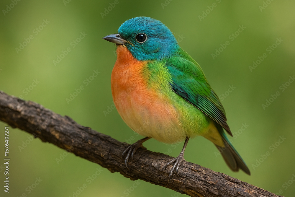 Fototapeta premium Vibrant blue and orange bird perched on a branch with green background