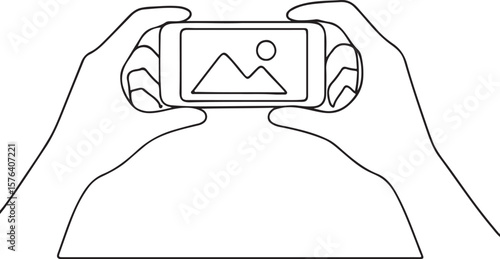 Hands Taking Photo with Smartphone Line Drawing for Digital Photography Concept