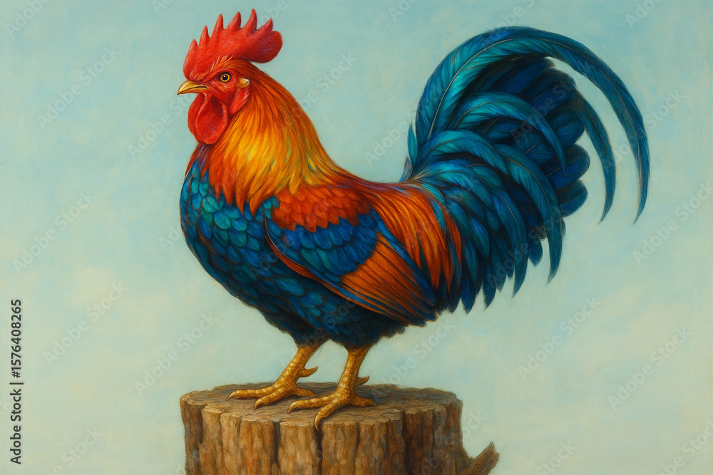 Fototapeta premium Majestic rooster with vibrant blue and orange feathers perched on a tree stump