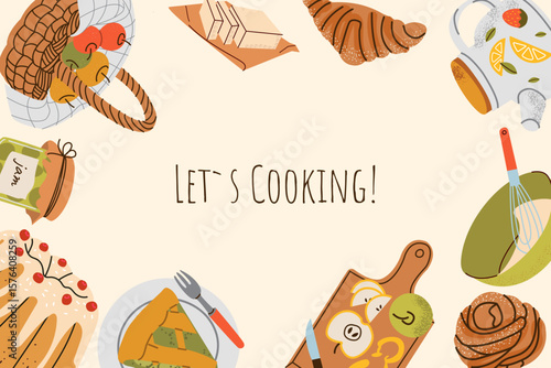 Frame of autumn cooking in bright colors. Vector trendy illustration with sweets, cooking equipment, bakery products, home leisure. Hello autumn. Collection of fall season scrapbooking elements 