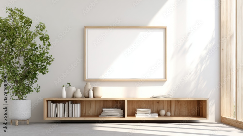 Bright Minimalist Interior with Wooden Shelf and Large Empty Frame Over Couch Bright Minimalist Interior with Wooden Shelf and Large Empty Frame Over Couch