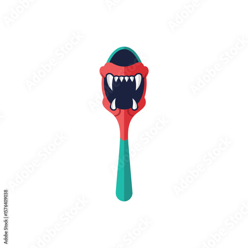Monster Spoon with Fangs. This eerie culinary implement features a menacing grin with pointy teeth, a playful yet unsettling design symbolizing hidden dangers or sugary temptations.
