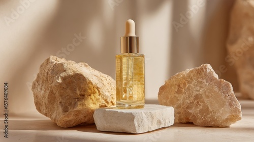 Elegant glass dropper bottle with golden serum surrounded by natural rocks on neutral background