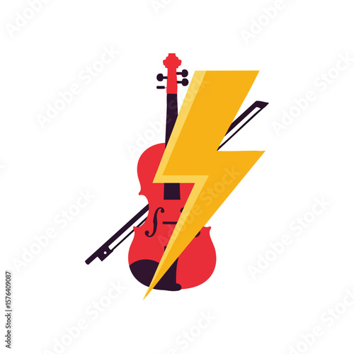Powerful Violin Music Illustration. This vibrant graphic features a classical stringed instrument struck by a dynamic yellow flash, symbolizing electrifying sound and musical passion.