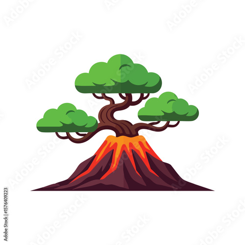 Life Thrives on Active Volcano. Vivid graphic depicting a vibrant tree emerging from a fiery eruption, representing nature's enduring power and harmony between opposing elements.