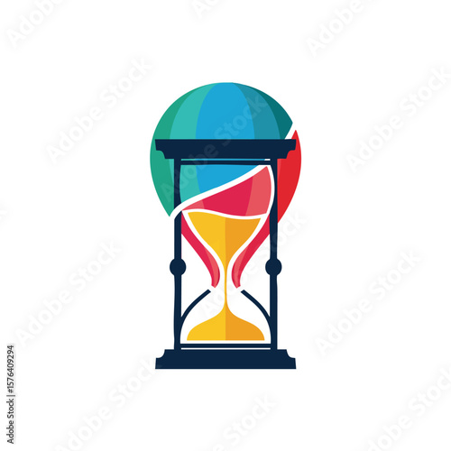 Global Time and Flow Symbol. Vibrant hourglass illustration depicting the onward movement of moments worldwide. Signifies planetary urgency and critical temporal progression.