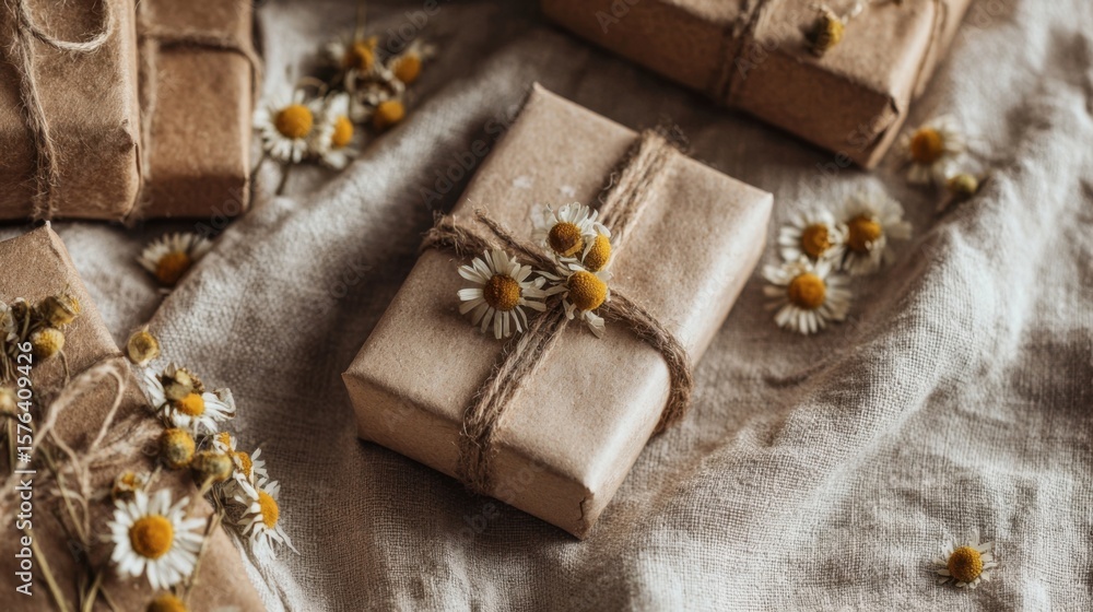 Fototapeta premium Rustic Gift Box Wrapped with Twine and Daisies on Natural Fabric Surface