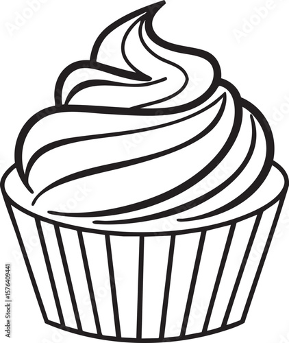 Simple black and white line art cupcake with swirled frosting isolated on transparent background