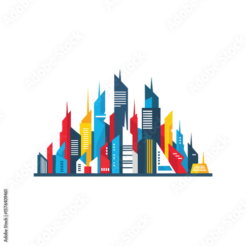 Modern Urban Skyline Illustration. Dynamic city panorama showcasing vibrant, geometric towers. This abstract vector artwork encapsulates metropolitan expansion, contemporary life, and structural.