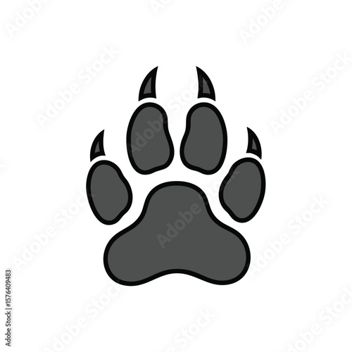 Wild Canine Paw Print Vector Icon. Stylized dark grey animal footprint with visible claws on a clean white background. This emblem signifies strength, untamed spirit, and wilderness exploration.