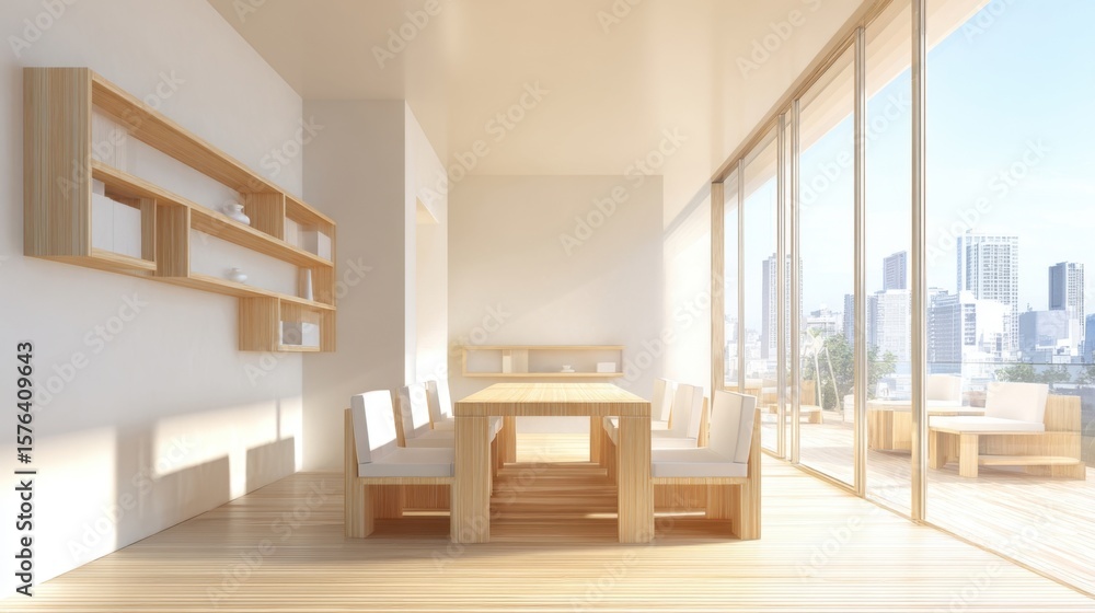 Fototapeta premium Bright spacious modern dining room with large overlooking cityscape and minimalist wooden furniture