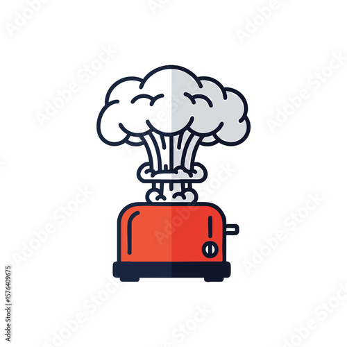 Exploding Toaster Cartoon. Humorous graphic of a kitchen appliance experiencing a comical meltdown. Represents cooking mishaps, chaos, or an exaggerated reaction.