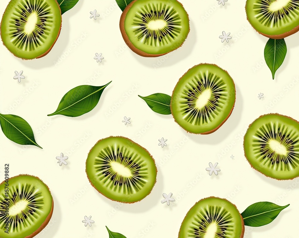 Fototapeta premium Bright and seamless pattern wallpaper design with mesmerizing kiwi image on soft white background.