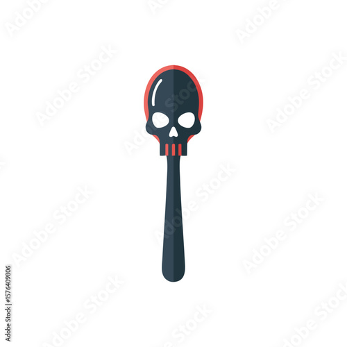 Danger Skull Spoon Utensil. A simple minimalist image showing a serving tool with a human cranium as the scoop, representing peril, toxicity, or harmful intake.
