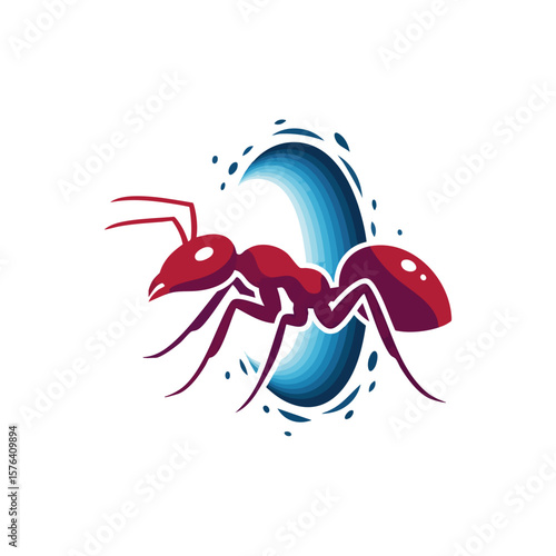 Ant with Dynamic Blue Energy. Vibrant insect graphic embodying diligence. A formidable critter stands against an azure wave, symbolizing strength, progress, and community spirit.