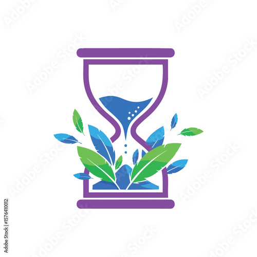 Time and Nature Harmony Icon. This elegant illustration features an hourglass with blue liquid and green foliage, symbolizing life's fleeting moments, natural growth, and ecological equilibrium.