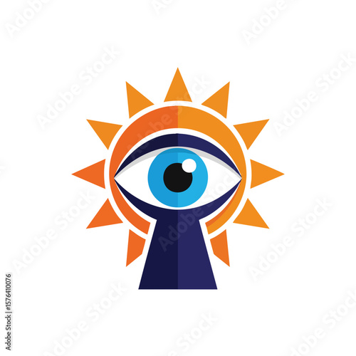 Enlightened Eye Sun Emblem. This vibrant design depicts an awakened gaze within a solar orb. It signifies profound understanding, clear vision, and access to knowledge.