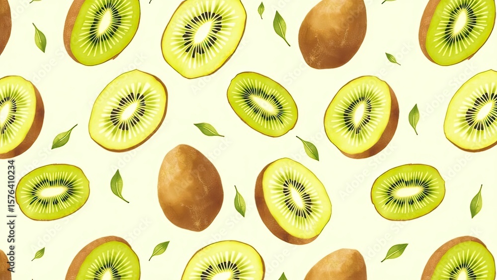 Fototapeta premium Bright and seamless pattern wallpaper design with mesmerizing kiwi image on soft white background.
