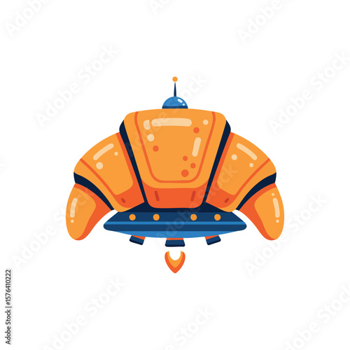 Cosmic Croissant Craft. An imaginative illustration depicts a golden pastry transformed into an otherworldly vessel, soaring with fiery propulsion. It symbolizes delightful innovation and whimsical.