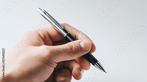 Close up of a hand holding a black ballpoint pen ready for writing on a plain white background