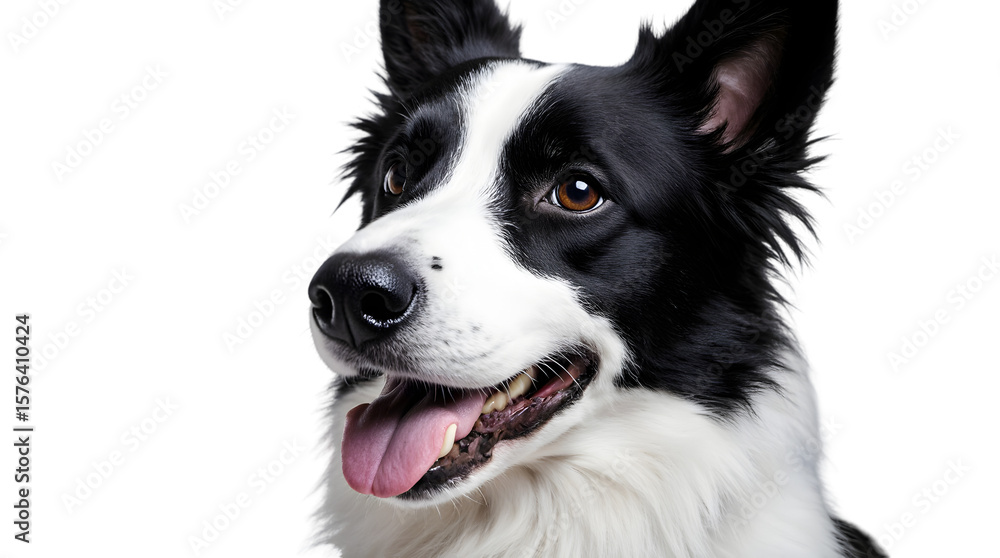 Fototapeta premium Close-up of a happy, attentive Border Collie dog with its mouth open and tongue out, looking to the side against a white background.
