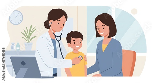 A female doctor examines a young boy with a stethoscope, while his mother sits nearby, smiling, in a medical office setting.