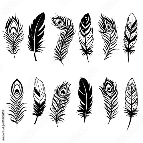 Abstract peacock feather isolated on white, boho style  illustration.