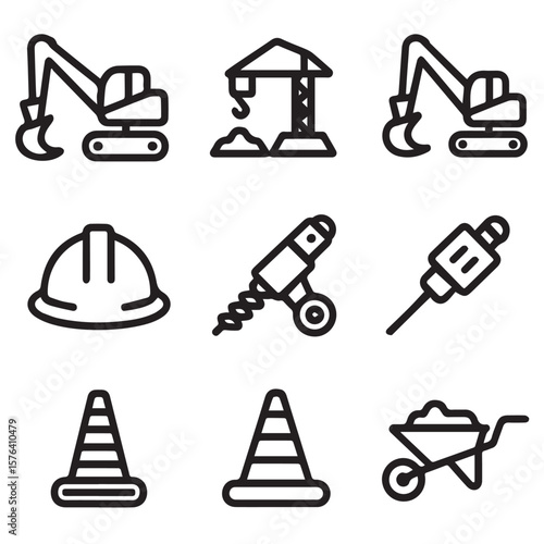 A compilation of construction icons showcasing excavators, cranes, safety helmet, traffic cones, and wheelbarrow