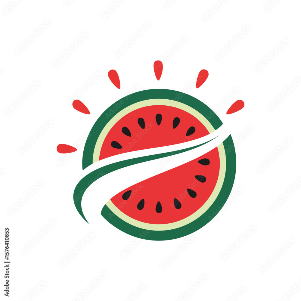 Obraz premium Juicy Watermelon Slice Burst Logo. A colorful fruit illustration depicting a refreshing melon with a dynamic splash. It symbolizes vibrant energy, delicious taste, and healthful goodness.
