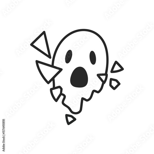 Shattering Ghost Character. Adorable spectral figure in monochrome, dissolving into geometric fragments. This image conveys a sense of surprise, malfunction, or digital decay.