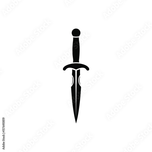 Black Dagger Silhouette Icon. A sharp, bold illustration of a short blade, representing ancient power, danger, and historical narratives. Perfect for medieval or fantasy themes.
