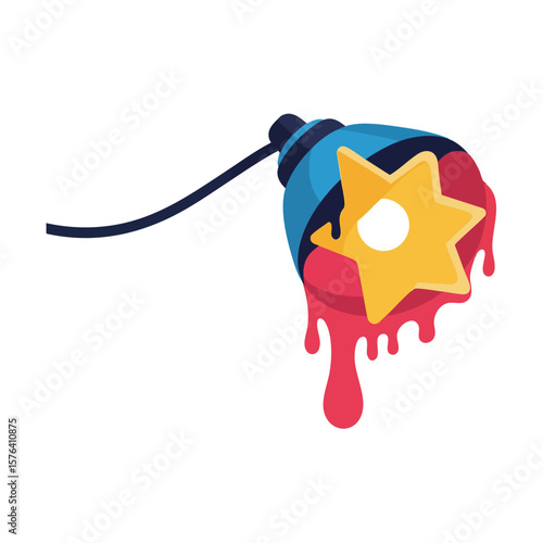 Dangerous Star Drip. A menacing blue explosive device with a prominent yellow stellar symbol, oozing crimson fluid. Symbolizes peril, conflict, or destructive power.