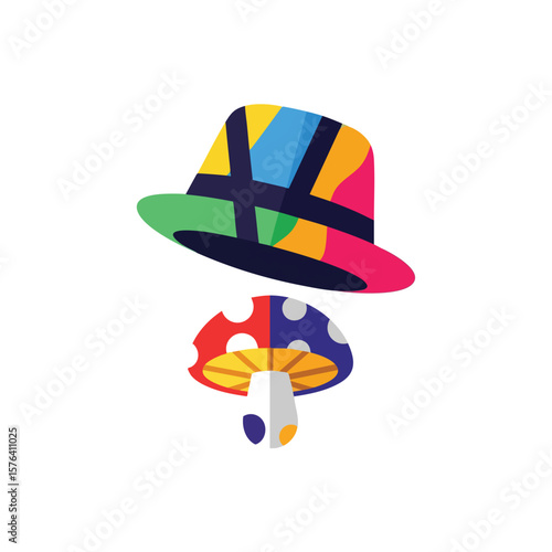 Vibrant Wonderland Hat and Toadstool. Discover a whimsical graphic depicting a bright mosaic headwear piece and a magical spotted toadstool. Evokes feelings of creativity, joy, and enchantment.
