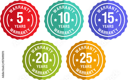Set of 10, 15, 20, and 25 years warranty and guarantee badges. Vector icons of quality assurance seals, product warranty labels, trusted guarantee emblems for branding and service