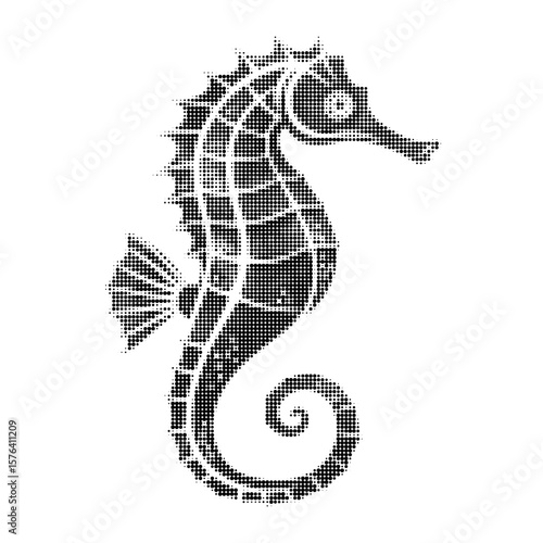 Vintage halftone seahorse vector illustration in black and white pointillism style for retro marine designs, prints, and collages
