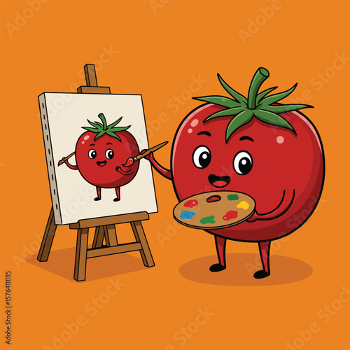 Funny Cartoon Tomato Painting Its Portrait Clipart