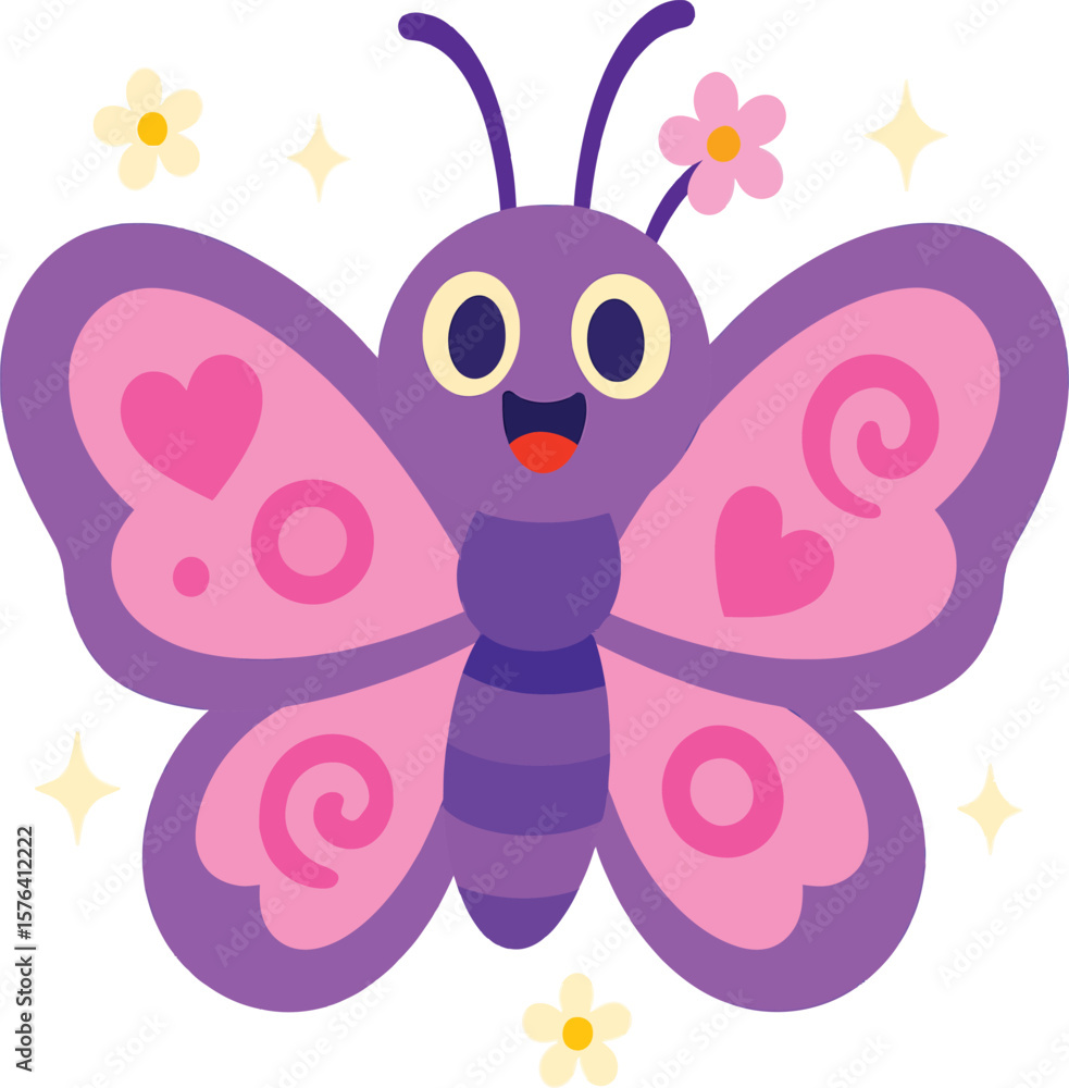 Obraz premium Funny Happy Butterfly Cartoon with Flowers Clipart