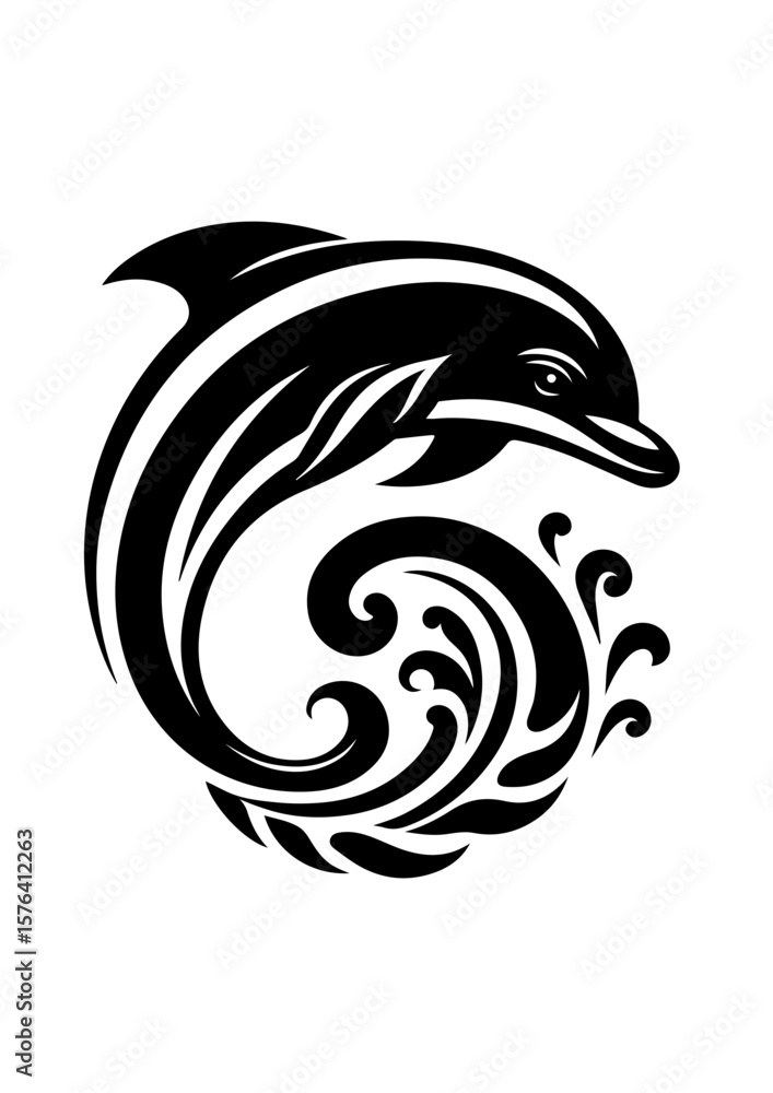 Obraz premium A dolphin leaps from the water with swirling waves isolated on white background