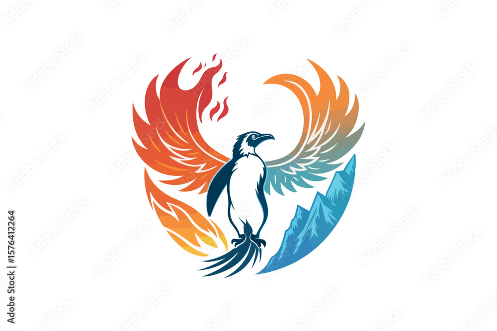 Fototapeta premium Penguin Gradient Fire Phoenix Bird logo Vector On White Background.02