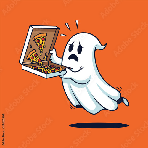 Funny Halloween Ghost Pizza Delivery Spilt Box Cartoon Clipart