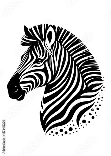 A zebras head is depicted in black and white on a white background