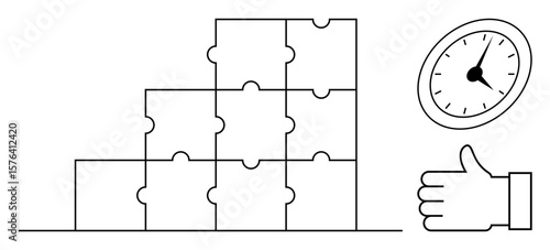 Stacked interlocked puzzle pieces, analog clock, and thumbs-up icon. Ideal for teamwork, efficiency, organization, time management, productivity, success strategy simple landing page
