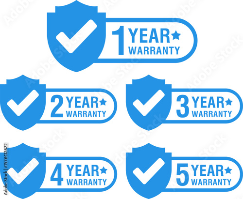 Minimalist vector warranty shield icon set with checklist labels. Includes 1, 2, 3, 4, and 5-year warranty badges. Guarantee, quality assurance, and secure product protection design.