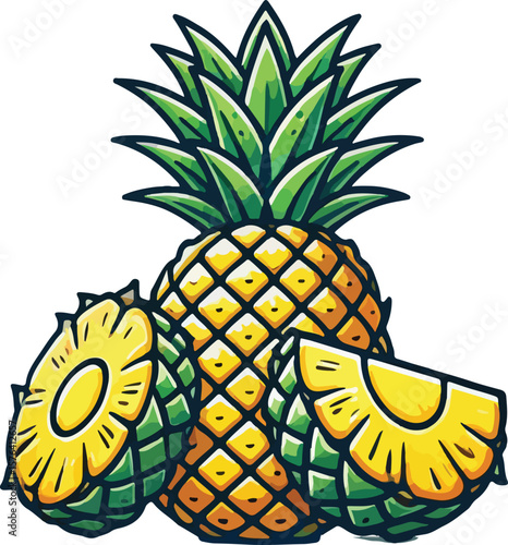 Vibrant cartoon illustration of a whole pineapple with slices depicting tropical fruit concept