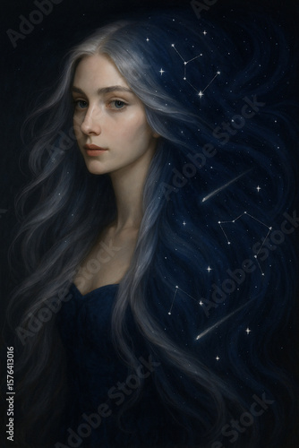 Portrait of  fantasy superhero woman called Moonlight Sorceress with Celestial Hair