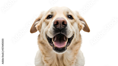 Close-up portrait of a happy, smiling golden retriever dog against a clean white background, capturing its friendly and joyful expression, perfect for pet-related content