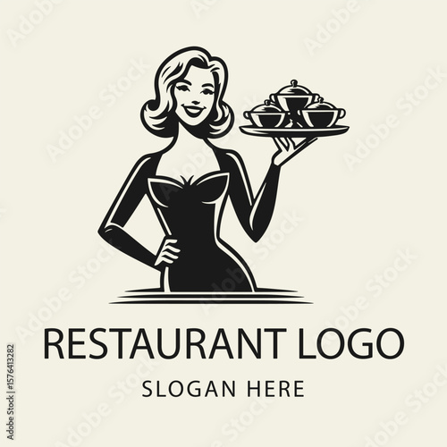 Black and white flat vector logo of a smiling waitress holding a tray with multiple dishes. Clean restaurant and hospitality concept.