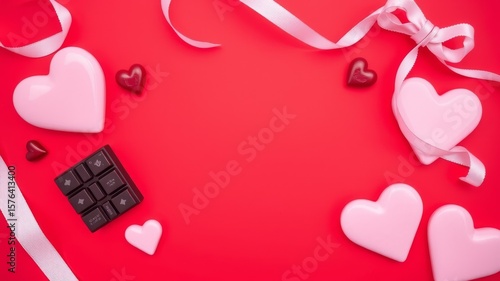 A flat lay of pink hearts, chocolate, and ribbon on a red background for valentine's day theme